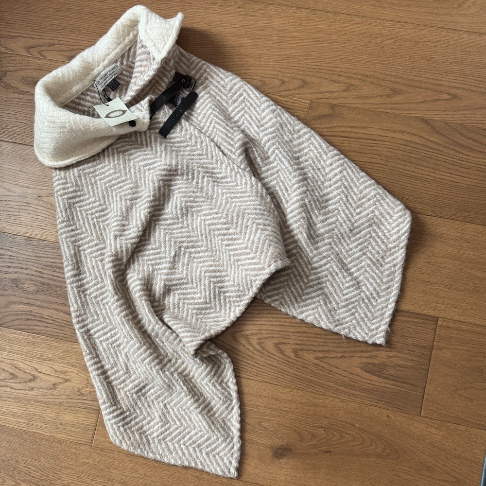 Aran Sweater Market - Wool-Blend Shawl Poncho - One Size - Beige & Cream - NWT
